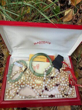 Majorica Vintage Pearl Necklaces Lot Green Bangle As Is